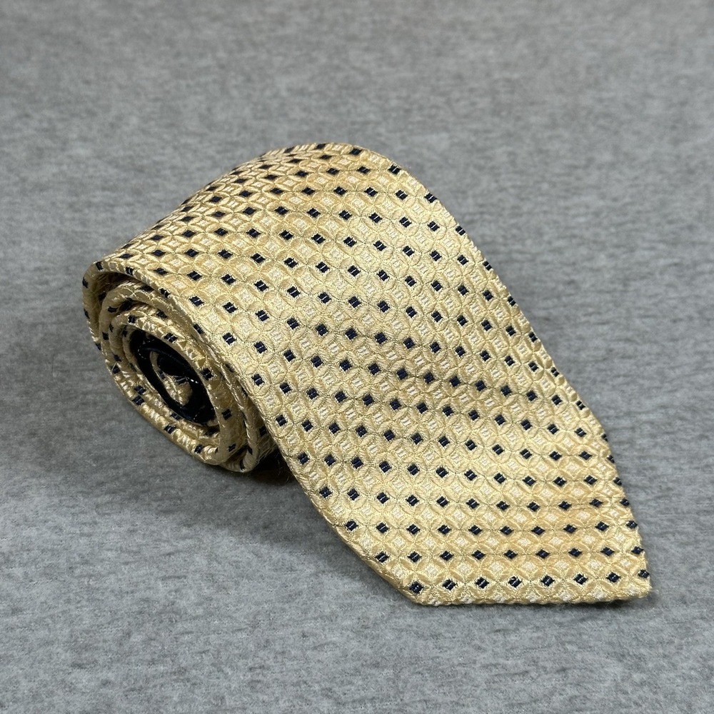 VTG Tommy Hilfiger Necktie Yellow Blue Geometric Navy Stripe Tail 100% Silk NOTE